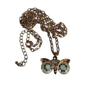Vintage Owl Pendant Necklace Gold Tone – Enamel Faux Opal Eyes Retro Statement